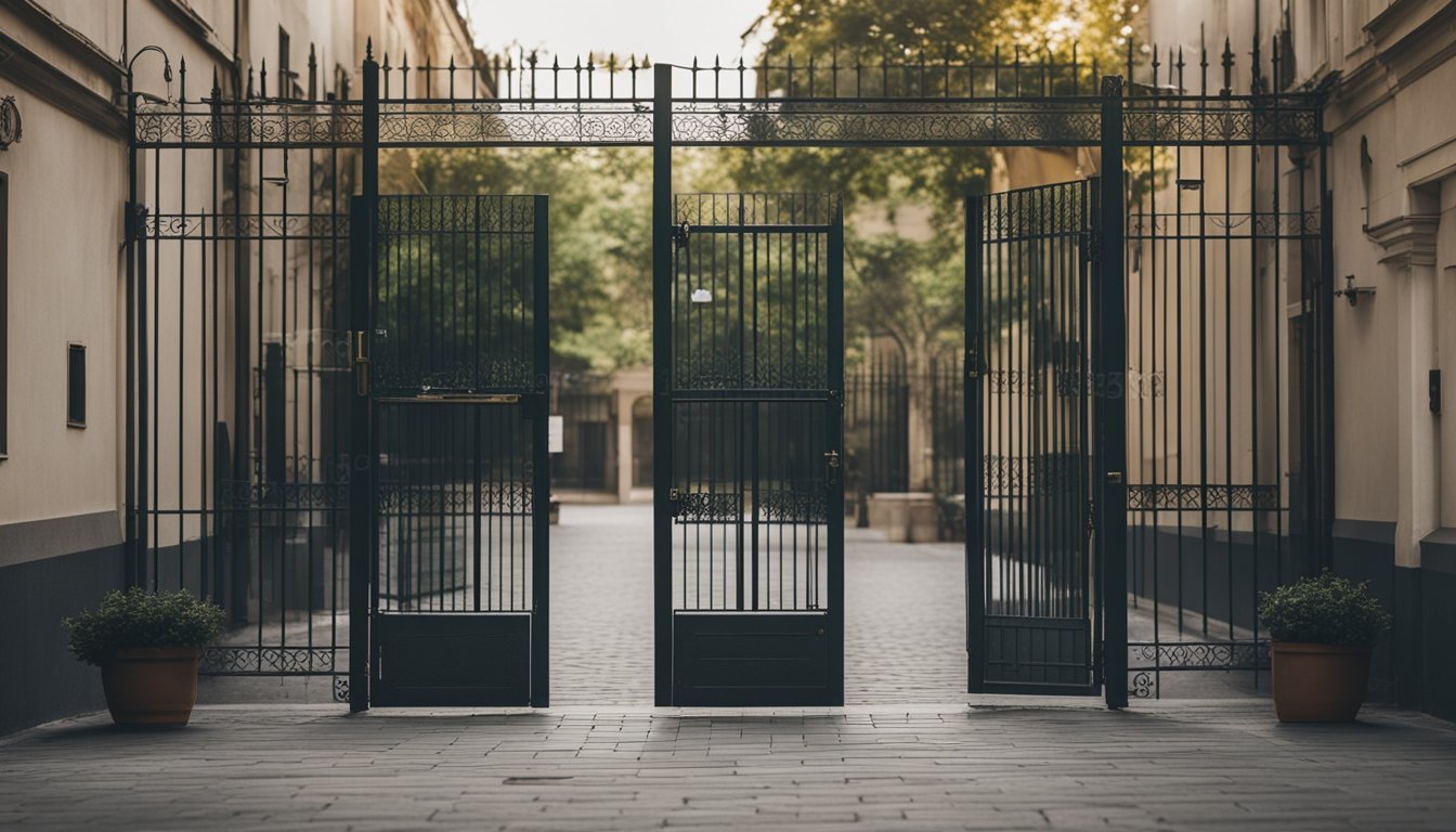 A peaceful courtyard with low security measures, open gates, and minimal supervision for inmates in semi-open regime